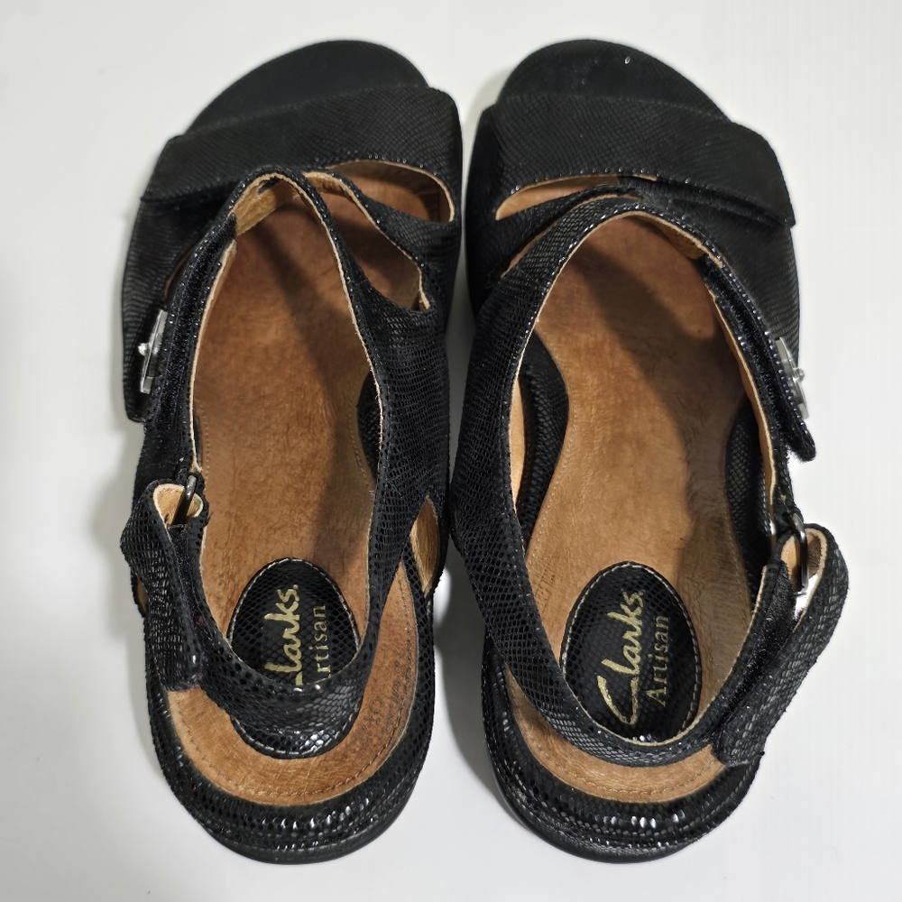 Clarks Artisan Black Textured leather flats Slingback wedge Mule 8.5 stylish